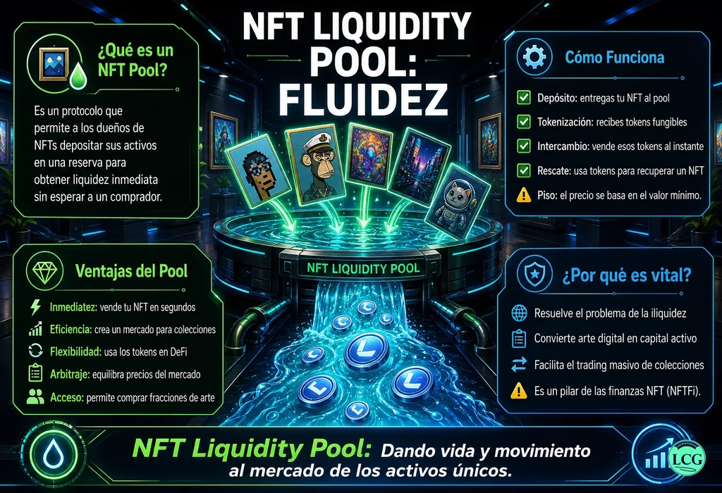 Infograf&iacute;a explicativa sobre Nft Liquidity Pool en blockchain y crypto