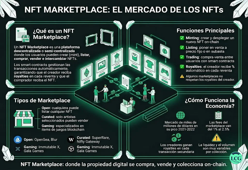 Infografía explicativa sobre Nft Marketplace en blockchain y crypto