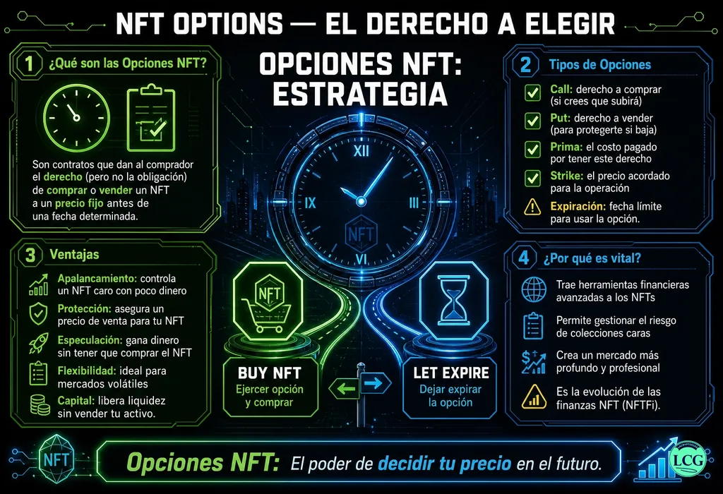 Infograf&iacute;a explicativa sobre Nft Options en blockchain y crypto