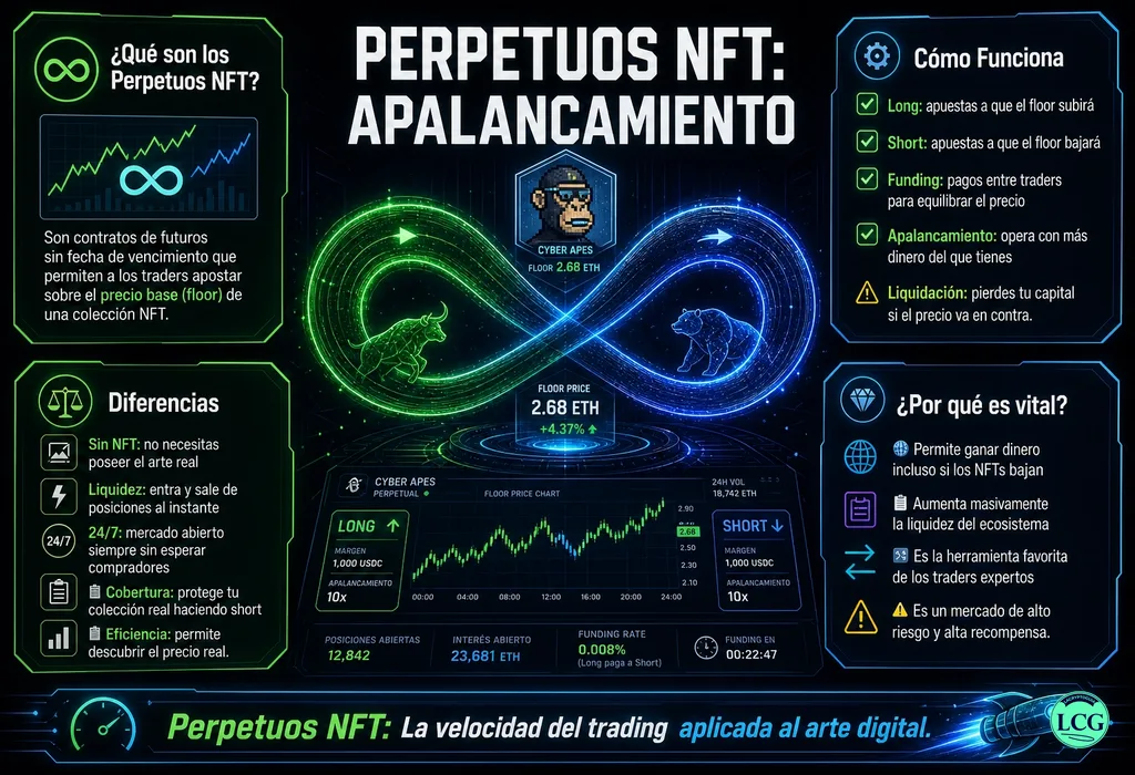 Infograf&iacute;a explicativa sobre Nft Perpetuals en blockchain y crypto