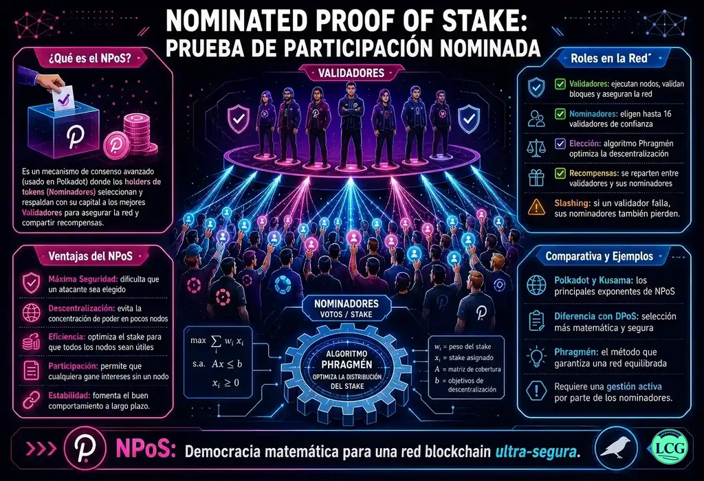 Infograf&iacute;a explicativa sobre Nominated Proof Of Stake (Npos) en blockchain y crypto