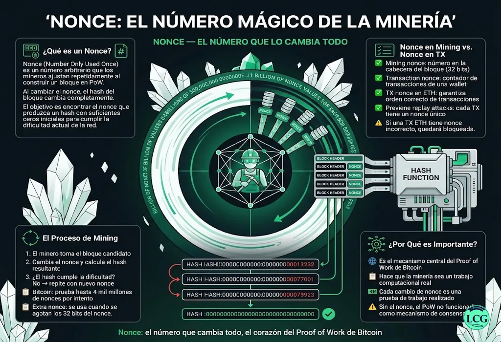 Infograf&iacute;a explicativa sobre Nonce en blockchain y crypto