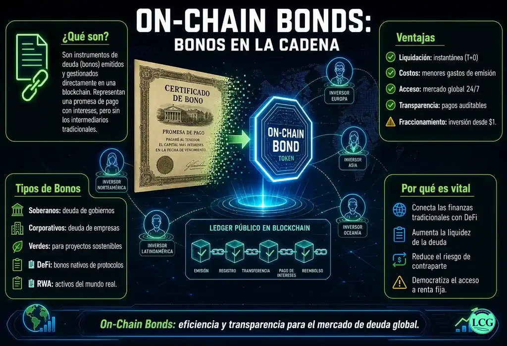 Infograf&iacute;a explicativa sobre On Chain Bonds en blockchain y crypto