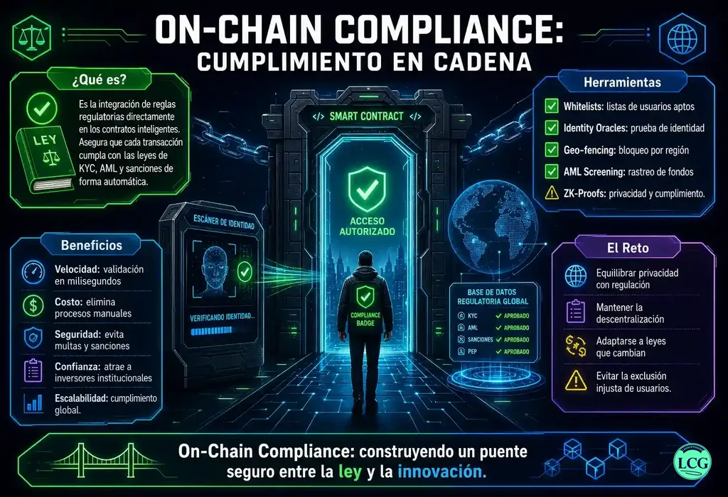 Infograf&iacute;a explicativa sobre On Chain Compliance en blockchain y crypto