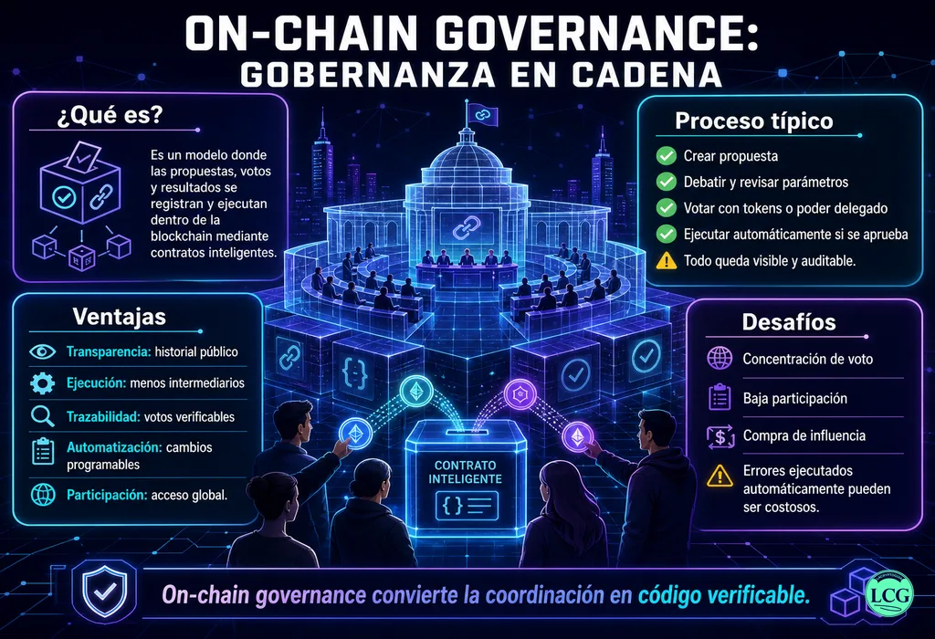 Infograf&iacute;a explicativa sobre On Chain Governance en blockchain y crypto