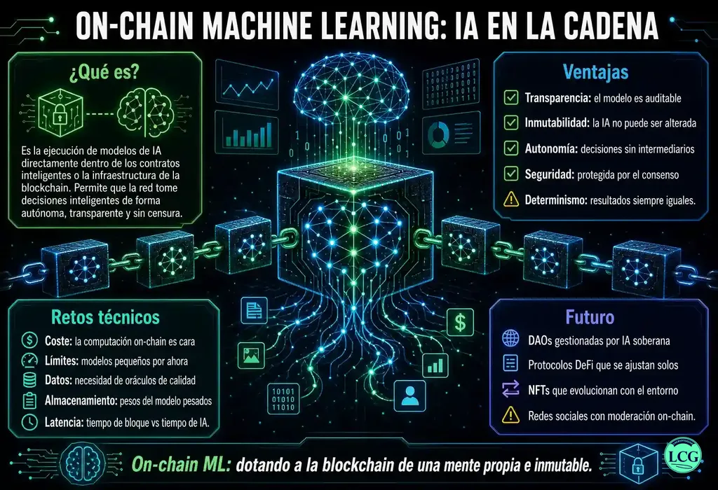 Infograf&iacute;a explicativa sobre On Chain Machine Learning en blockchain y crypto