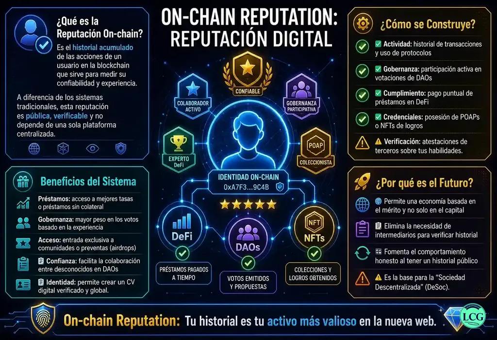 Infograf&iacute;a explicativa sobre On Chain Reputation en blockchain y crypto