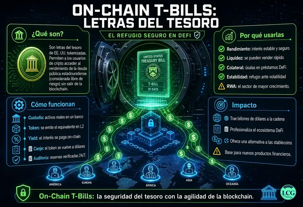 Infograf&iacute;a explicativa sobre On Chain T Bills en blockchain y crypto