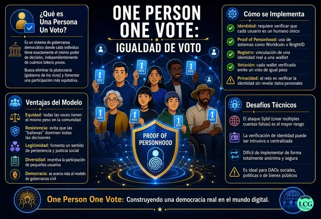 Infograf&iacute;a explicativa sobre One Person One Vote en blockchain y crypto