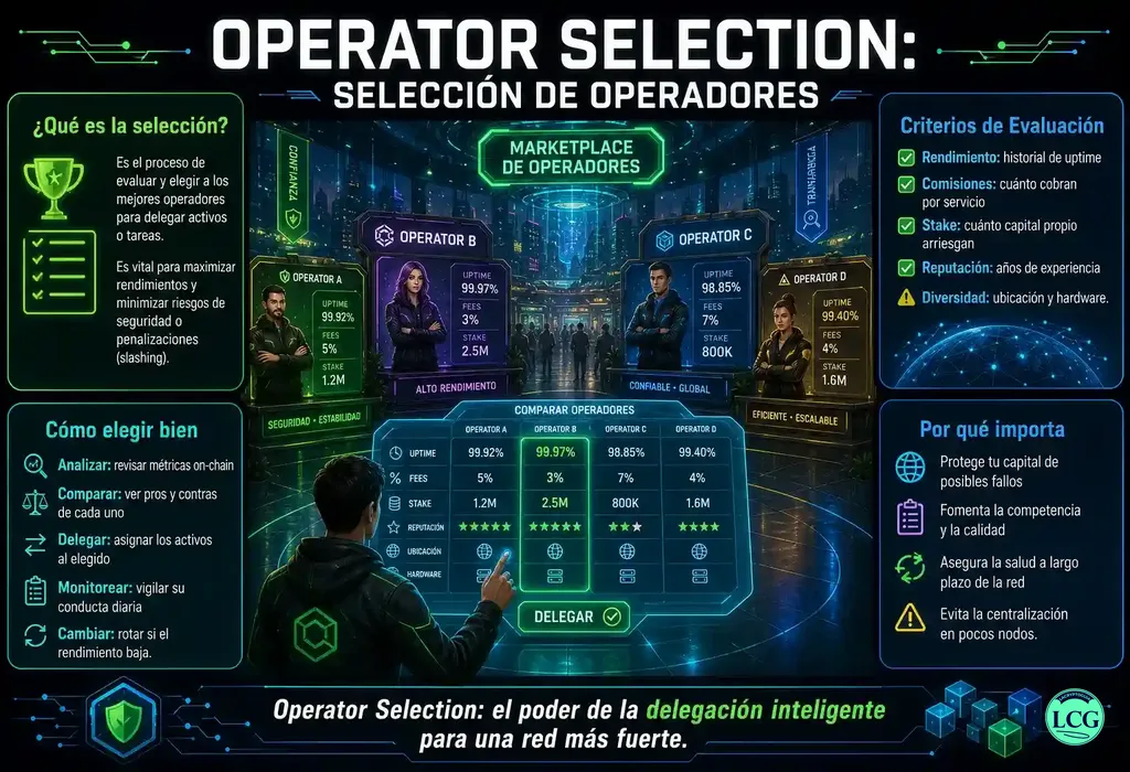 Infograf&iacute;a explicativa sobre Operator Selection en blockchain y crypto