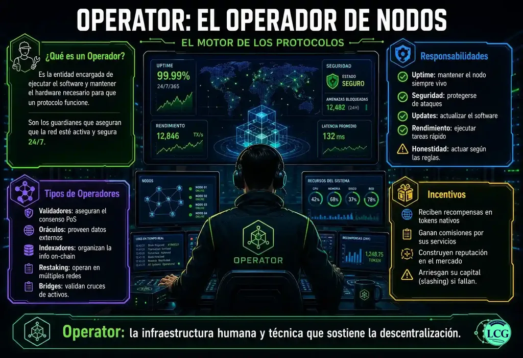 Infograf&iacute;a explicativa sobre Operator en blockchain y crypto