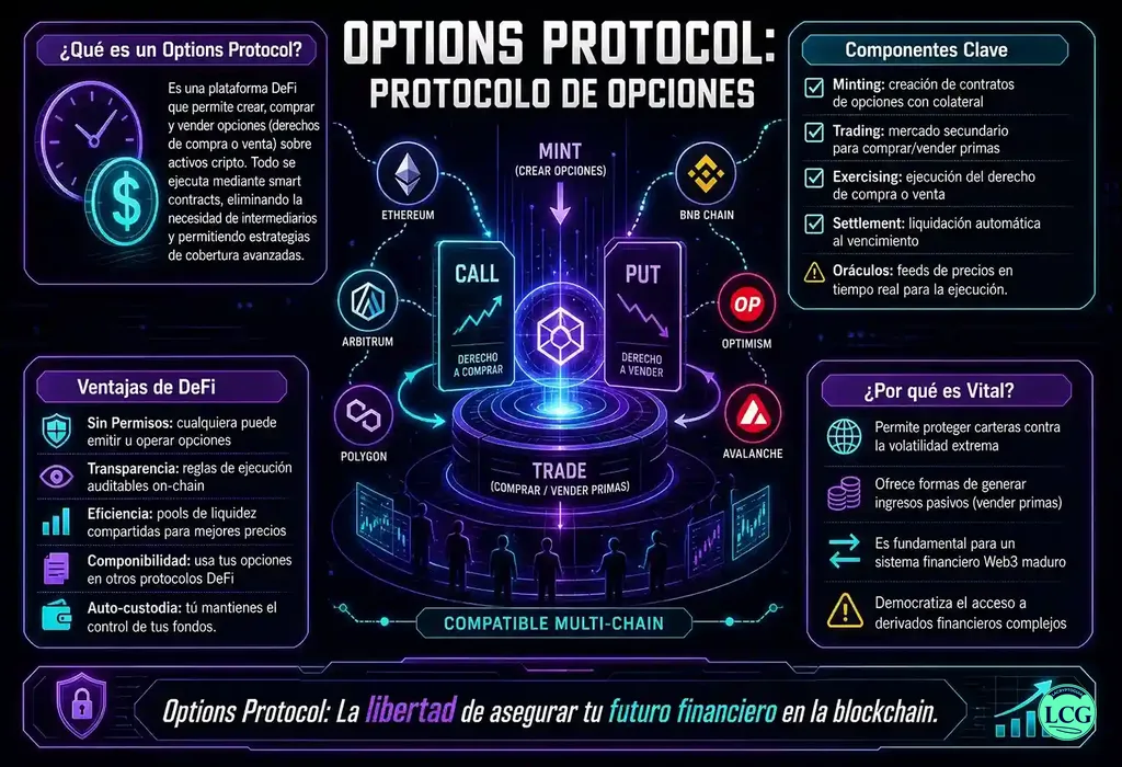 Infograf&iacute;a explicativa sobre Options Protocol en blockchain y crypto