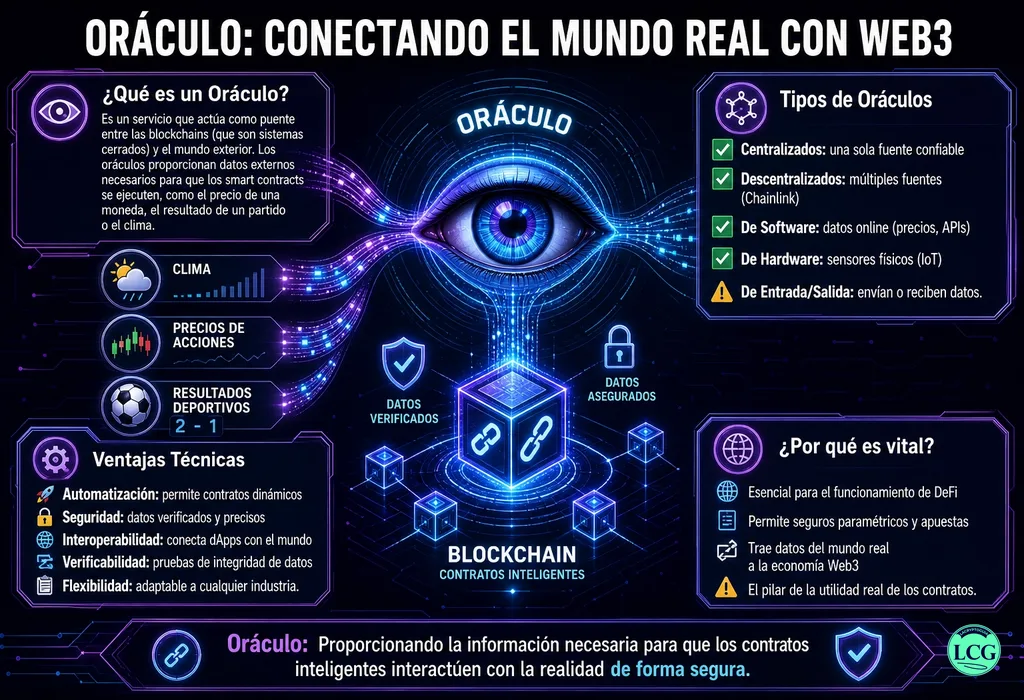Infograf&iacute;a explicativa sobre Oracle en blockchain y crypto