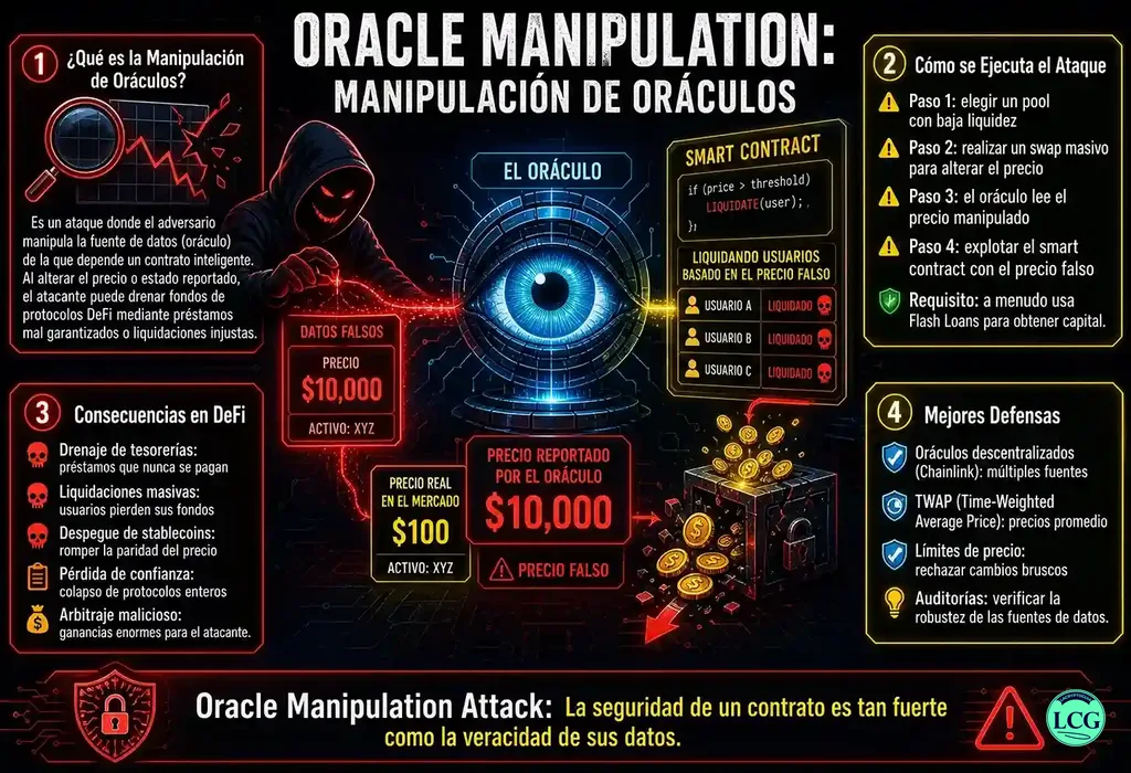 Infograf&iacute;a explicativa sobre Oracle Manipulation Attack en blockchain y crypto