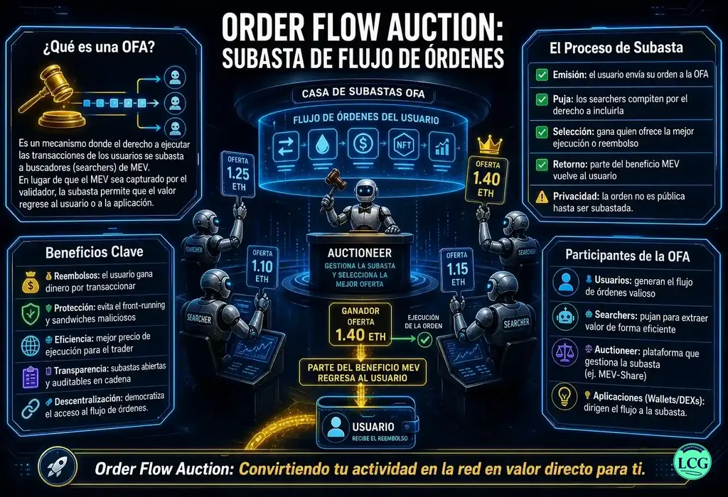 Infograf&iacute;a explicativa sobre Order Flow Auction (Ofa) en blockchain y crypto