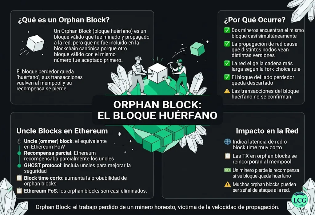 Infograf&iacute;a explicativa sobre Orphan Block en blockchain y crypto