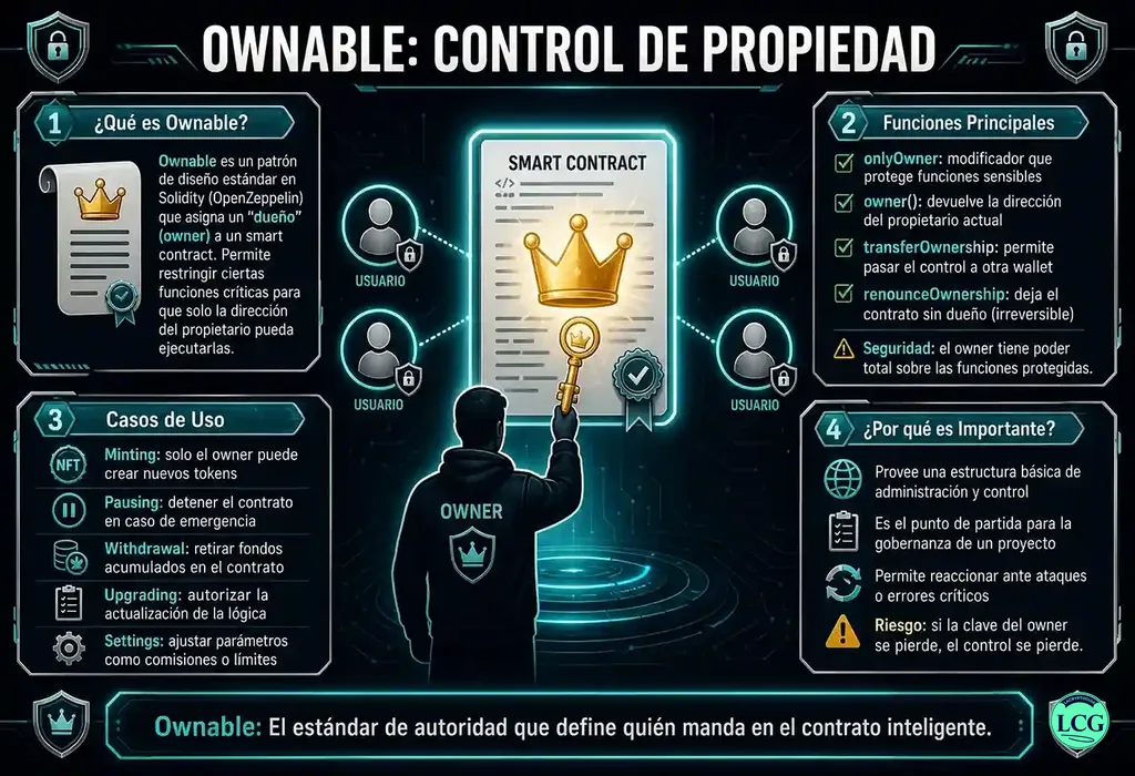 Infograf&iacute;a explicativa sobre Ownable en blockchain y crypto