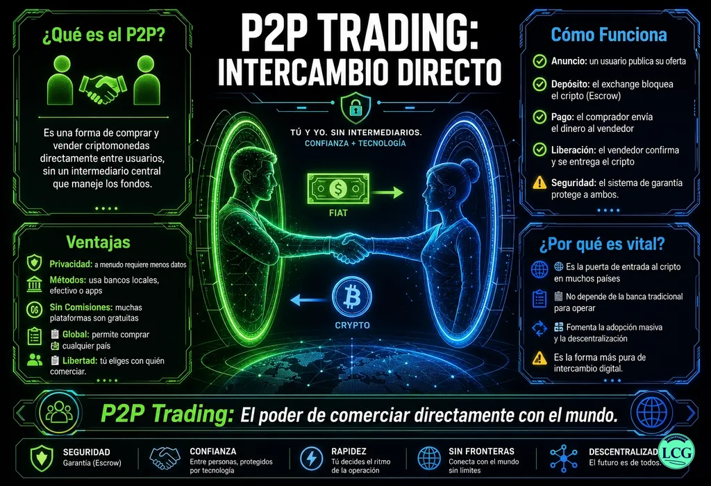 Infograf&iacute;a explicativa sobre P2P Trading en blockchain y crypto