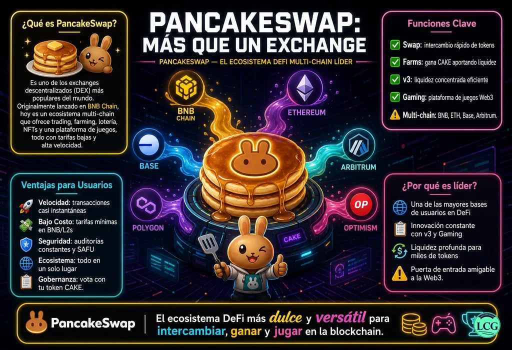 Infograf&iacute;a explicativa sobre Pancakeswap (Cake) en blockchain y crypto