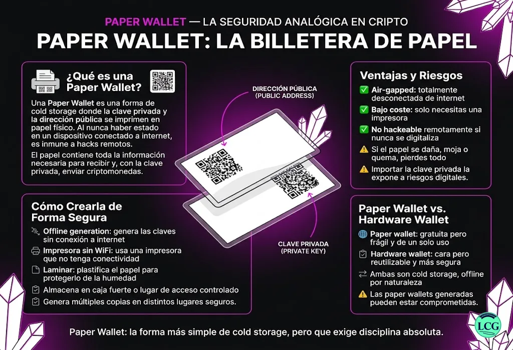 Infograf&iacute;a explicativa sobre Paper Wallet en blockchain y crypto