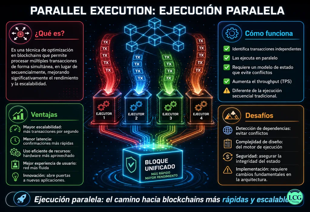 Infograf&iacute;a explicativa sobre Parallel Execution en blockchain y crypto