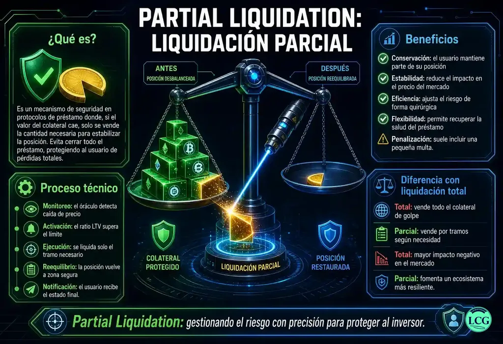Infografía explicativa sobre Partial Liquidation en blockchain y crypto