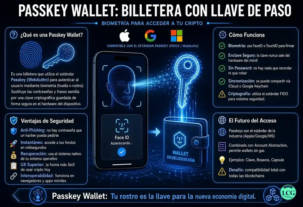 Infograf&iacute;a explicativa sobre Passkey Wallet en blockchain y crypto