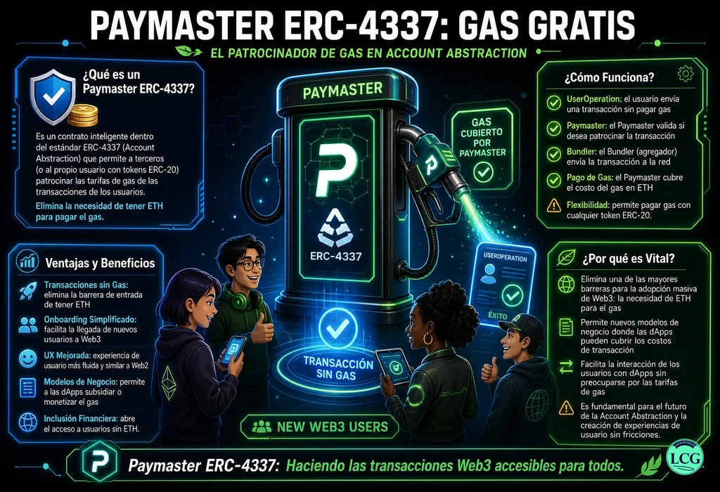 Infograf&iacute;a explicativa sobre Paymaster Erc 4337 en blockchain y crypto