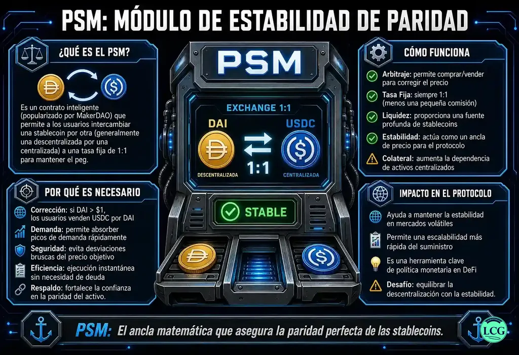 Infograf&iacute;a explicativa sobre Peg Stability Module (Psm) en blockchain y crypto