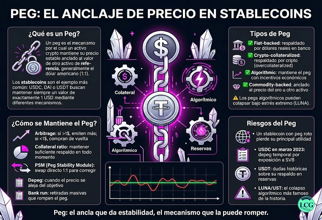 Infograf&iacute;a explicativa sobre Peg en blockchain y crypto