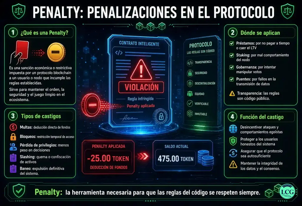 Infograf&iacute;a explicativa sobre Penalty en blockchain y crypto