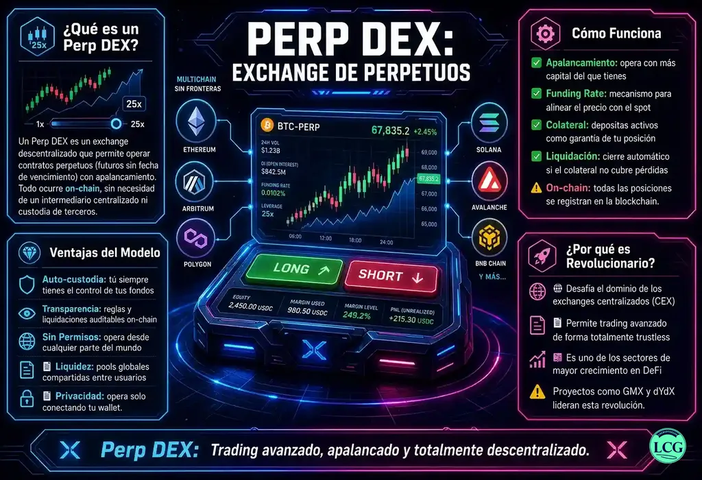 Infograf&iacute;a explicativa sobre Perp Dex en blockchain y crypto