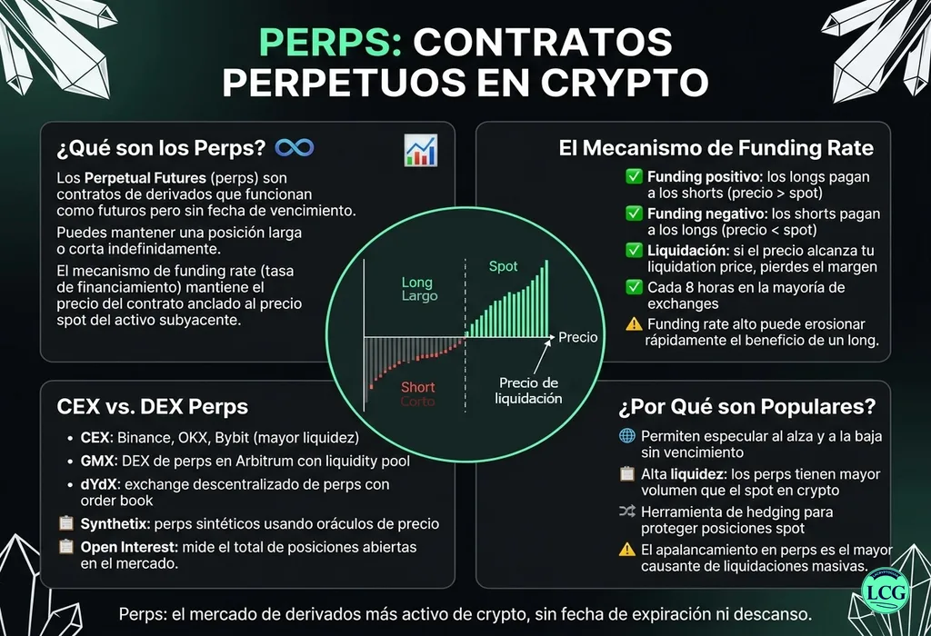 Infograf&iacute;a explicativa sobre Perpetual Futures (Perps) en blockchain y crypto