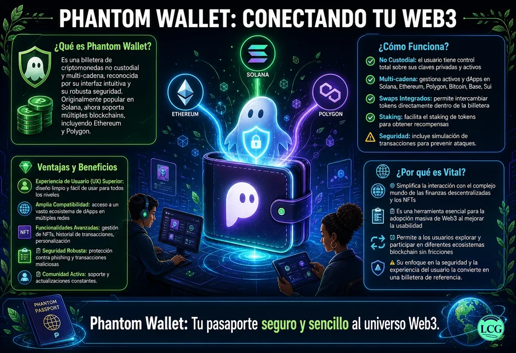 Infograf&iacute;a explicativa sobre Phantom Wallet en blockchain y crypto