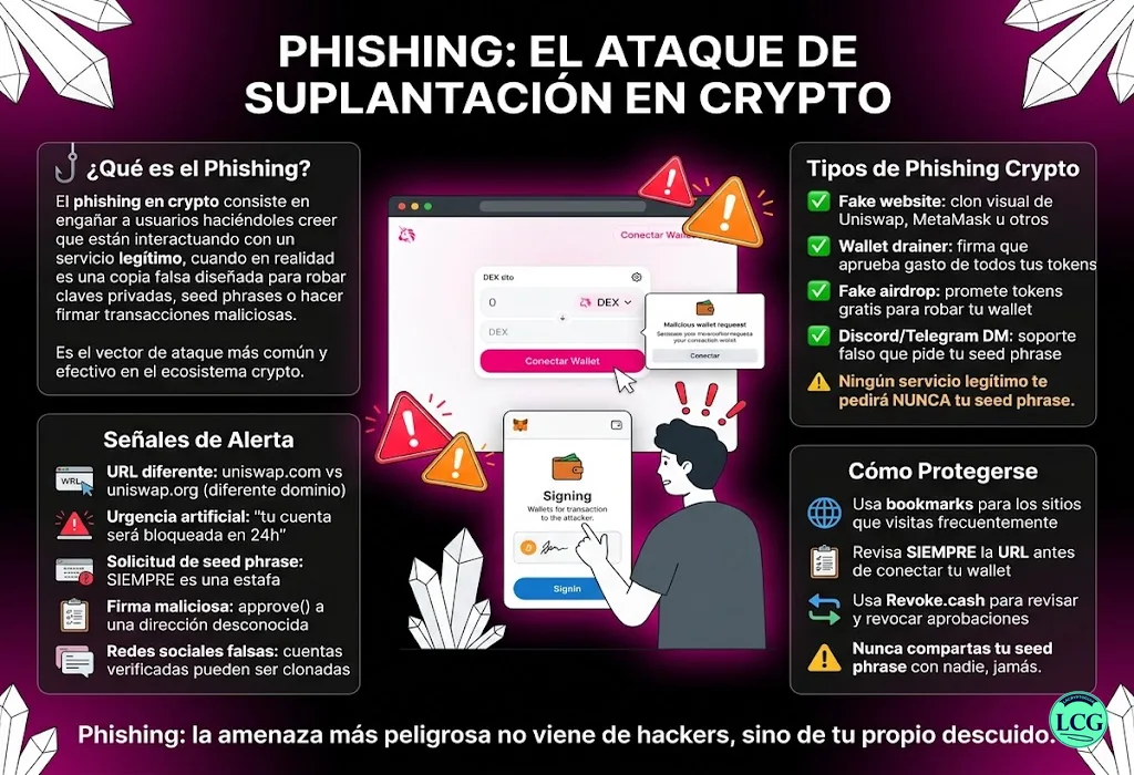 Infograf&iacute;a explicativa sobre Phishing en blockchain y crypto