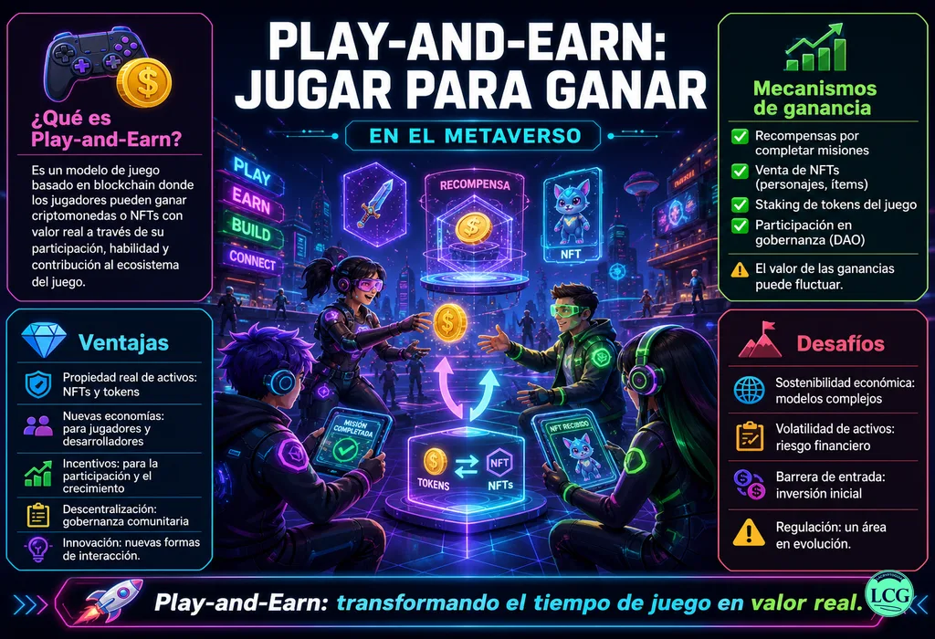 Infograf&iacute;a explicativa sobre Play And Earn en blockchain y crypto