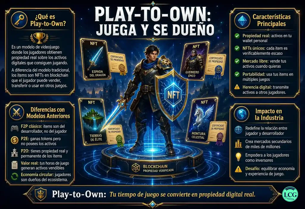 Infograf&iacute;a explicativa sobre Play To Own en blockchain y crypto