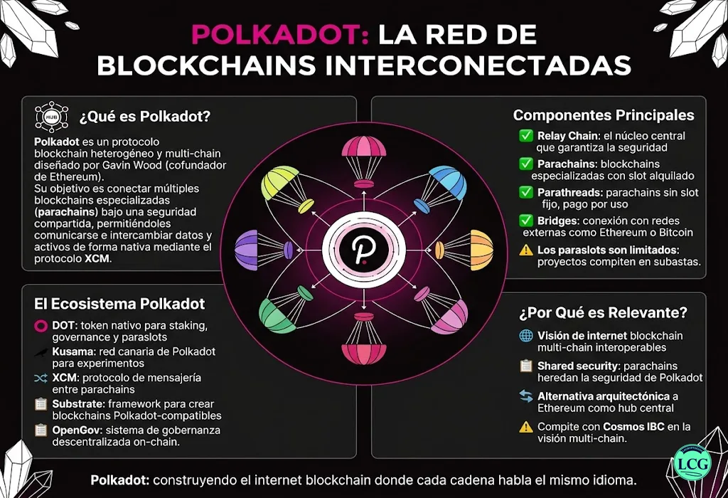 Infograf&iacute;a explicativa sobre Polkadot en blockchain y crypto