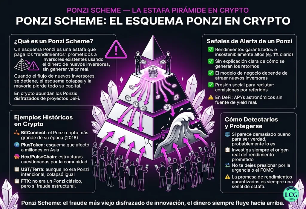 Infograf&iacute;a explicativa sobre Ponzi Scheme en blockchain y crypto