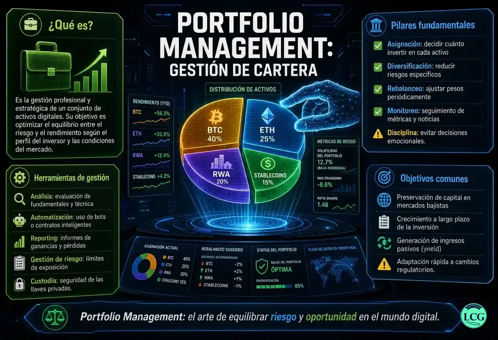 Infograf&iacute;a explicativa sobre Portfolio Management en blockchain y crypto