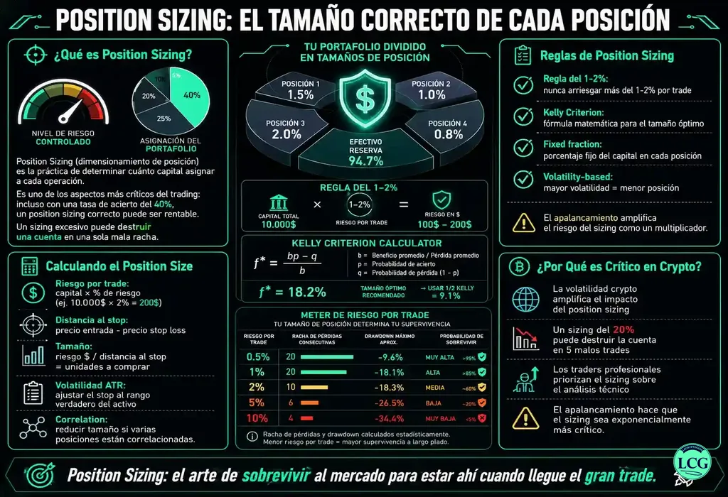 Infograf&iacute;a explicativa sobre Position Sizing en blockchain y crypto
