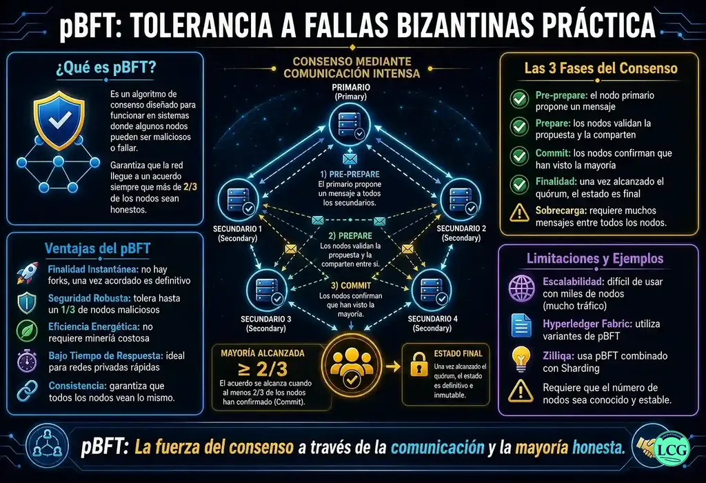 Infograf&iacute;a explicativa sobre Practical Byzantine Fault Tolerance (Pbft) en blockchain y crypto