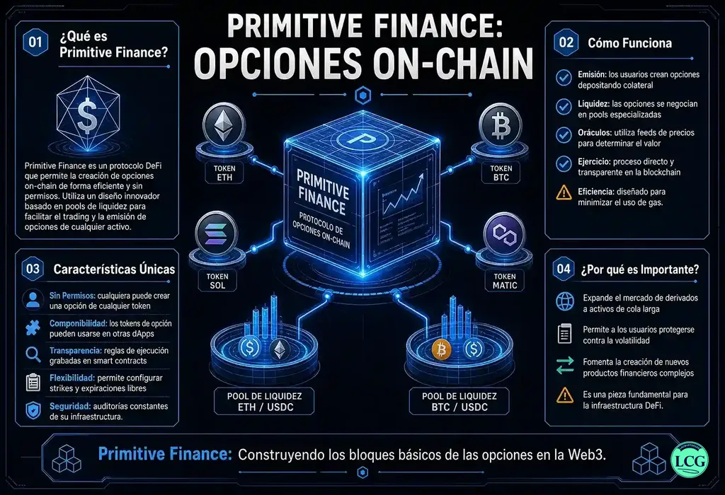 Infograf&iacute;a explicativa sobre Primitive Finance en blockchain y crypto