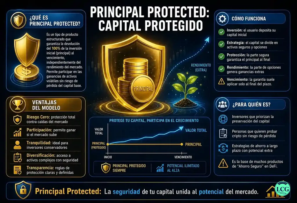 Infograf&iacute;a explicativa sobre Principal Protected en blockchain y crypto
