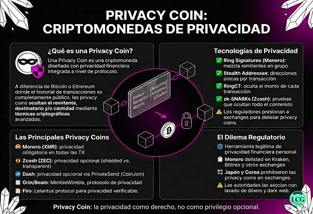 Infograf&iacute;a explicativa sobre Privacy Coin en blockchain y crypto