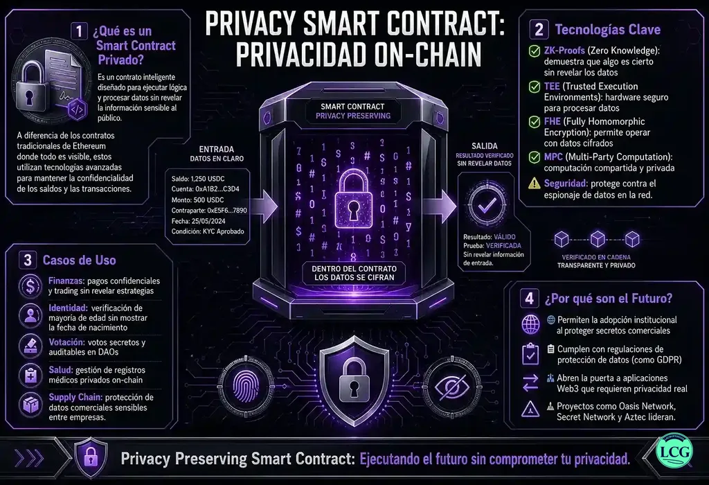 Infograf&iacute;a explicativa sobre Privacy Preserving Smart Contract en blockchain y crypto