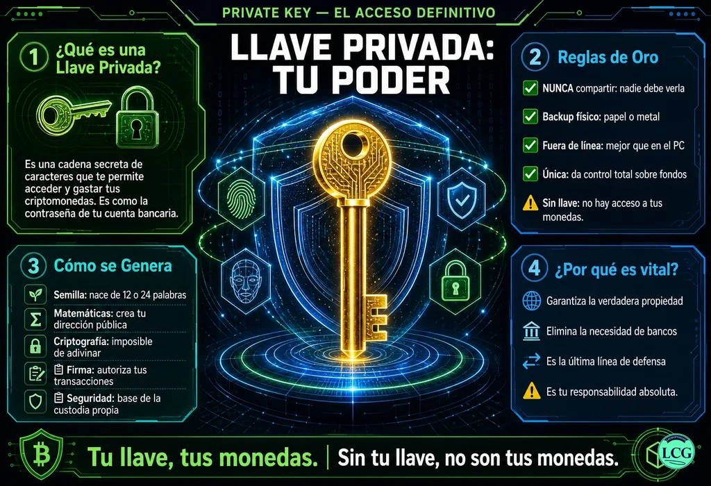 Infograf&iacute;a explicativa sobre Private Key en blockchain y crypto