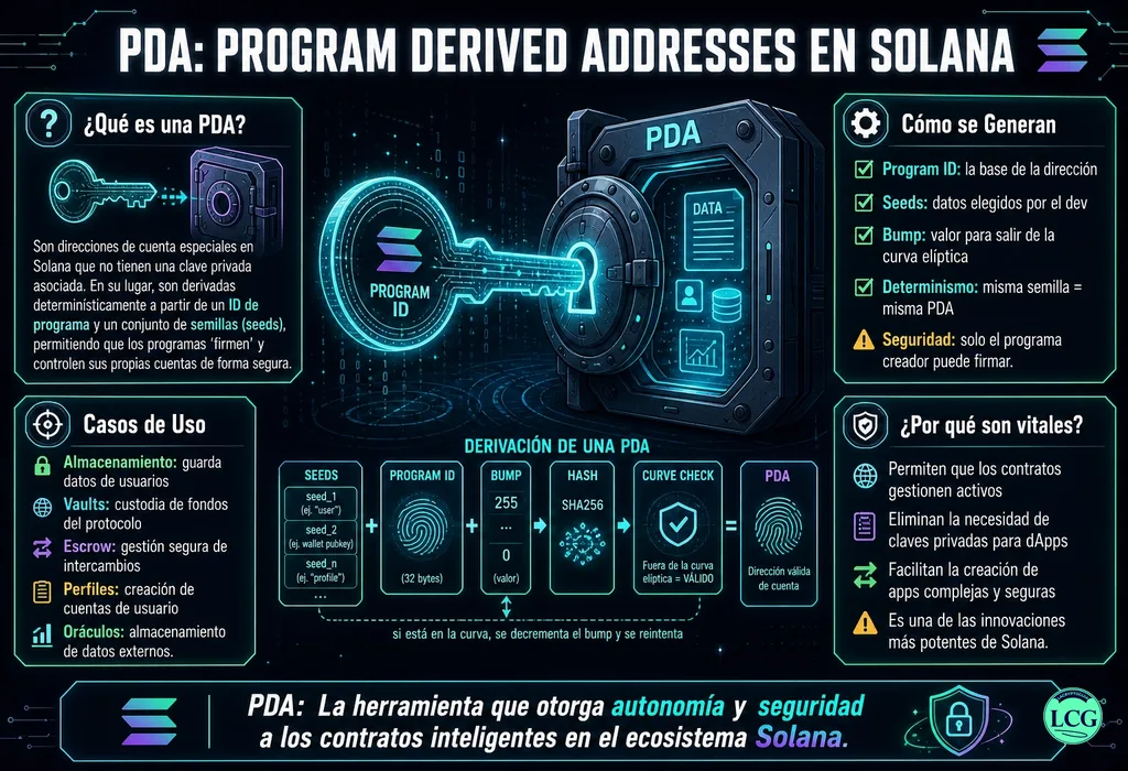Infografía explicativa sobre Program Derived Address (Pda) en blockchain y crypto