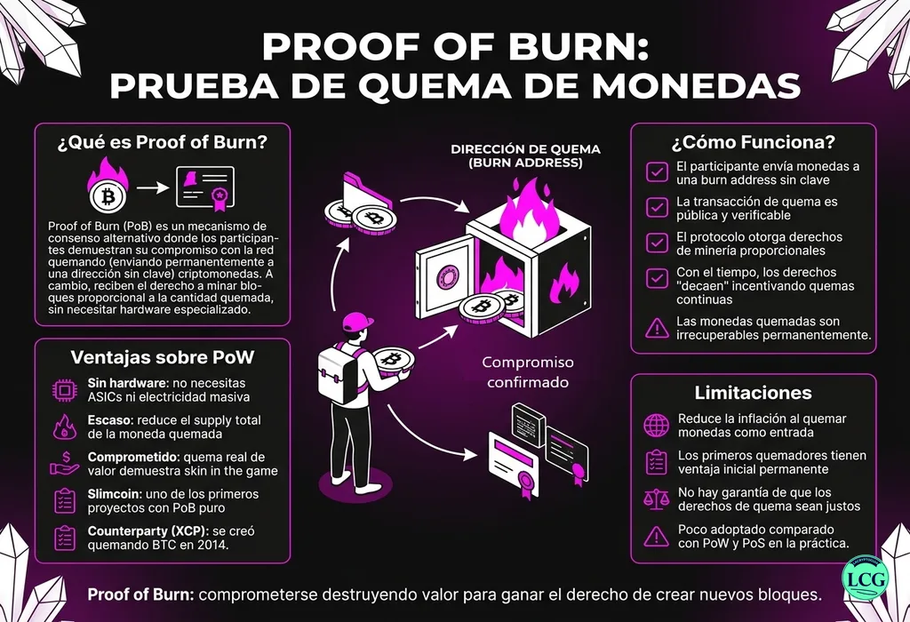 Infograf&iacute;a explicativa sobre Proof Of Burn en blockchain y crypto