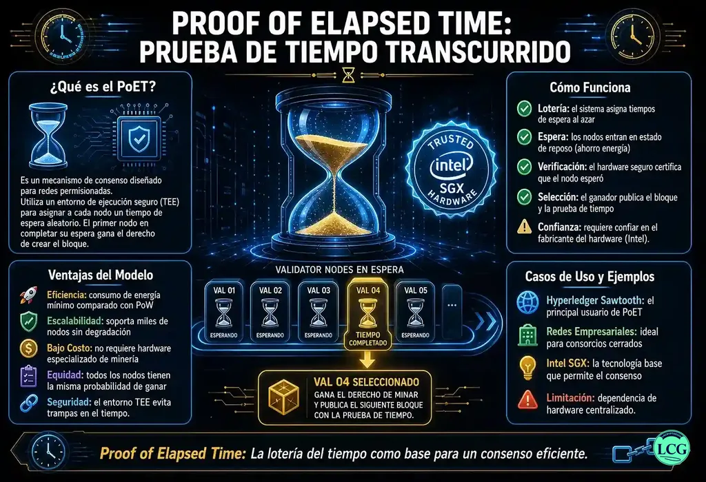 Infograf&iacute;a explicativa sobre Proof Of Elapsed Time (Poet) en blockchain y crypto